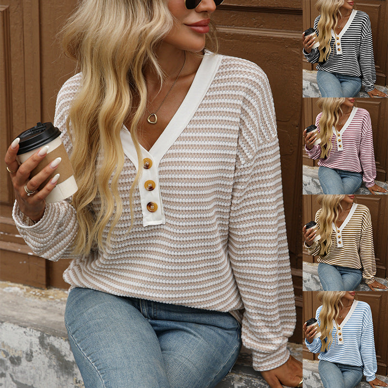 Women's V-Neck Button Pullover - Patchwork Long Sleeve Top