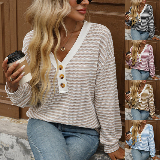 Women's V-Neck Button Pullover - Patchwork Long Sleeve Top