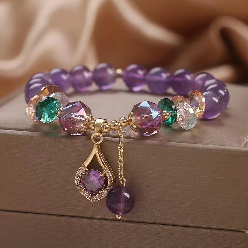 Natural Amethyst Five-Petal Flower Pendant Bracelet - Ancient Style Crystal Jewelry