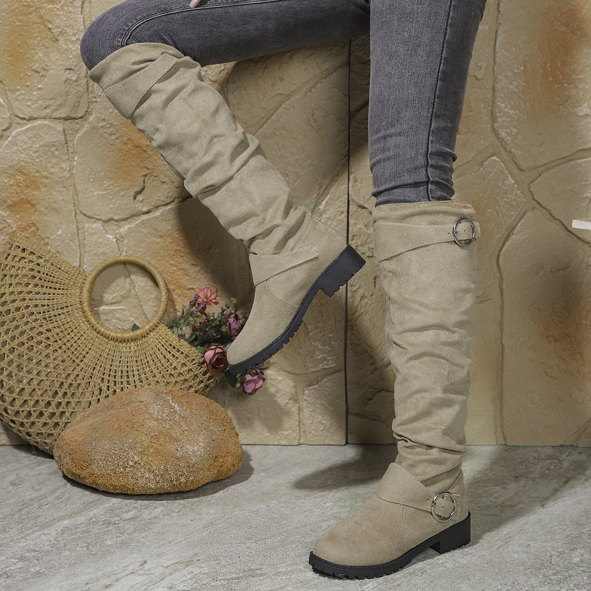 Winter Pleated Buckle High-top  Fashion Boots