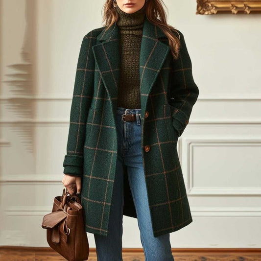 Women's Plaid Mid-Length Lapel Jacket - Plus Size