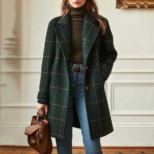 Women's Plaid Mid-Length Lapel Jacket - Plus Size