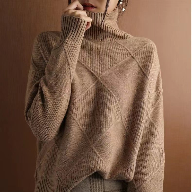 Pull chaud à col haut ample de couleur unie tricoté pour femme