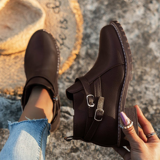 Low-heeled Leather Belt-buckle  Round-toe Ankle Boots