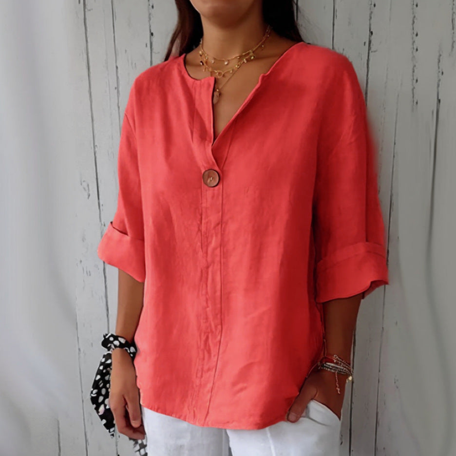 Women's V-Neck Long Sleeve Cotton Linen Button Top