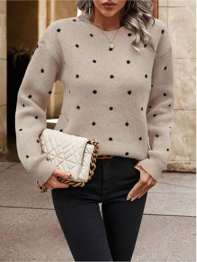 Women's Polka Dot Knitted Pullover Sweater - Long Sleeve Round Neck