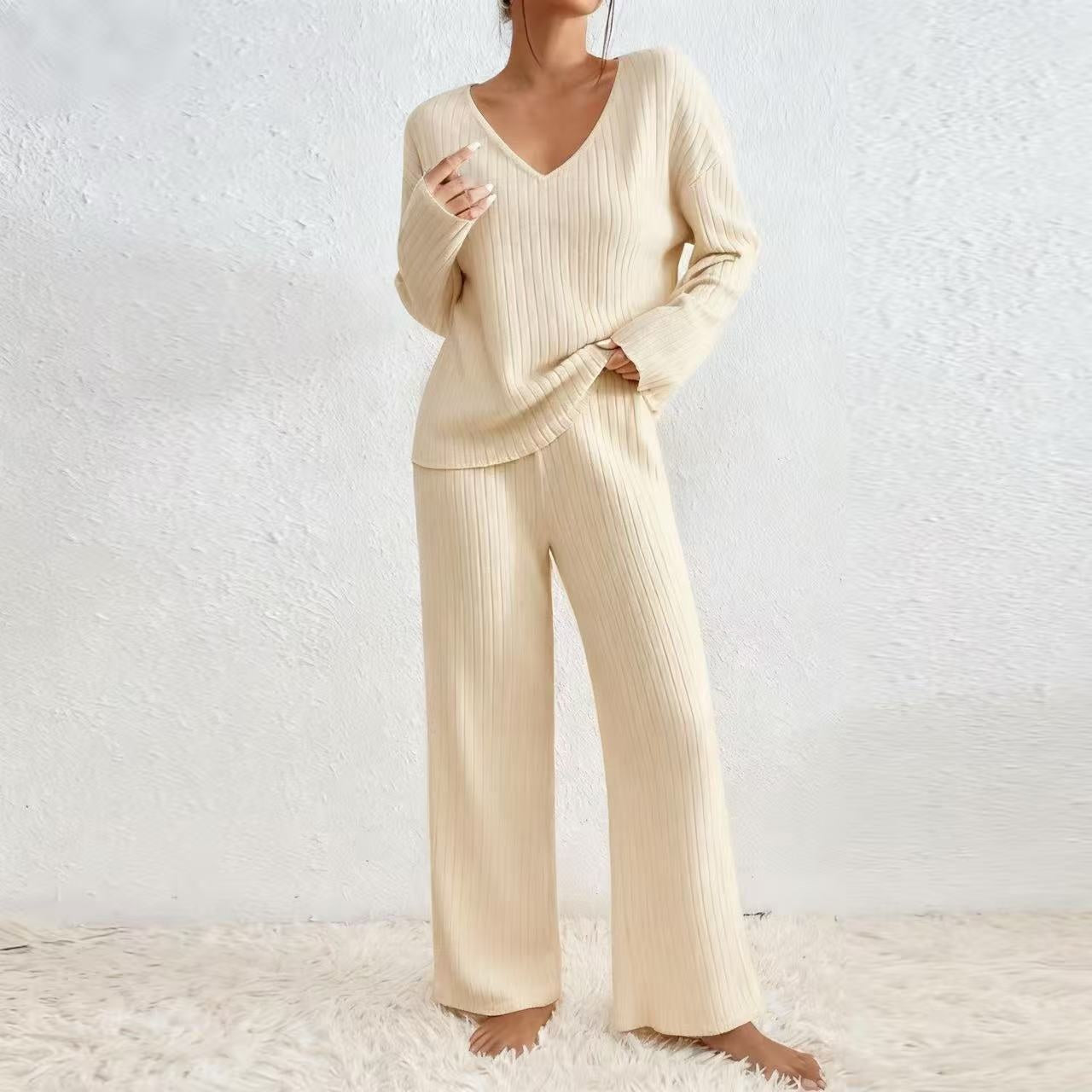 Women's V-Neck Knitted Striped Lounge Set - Long Sleeve