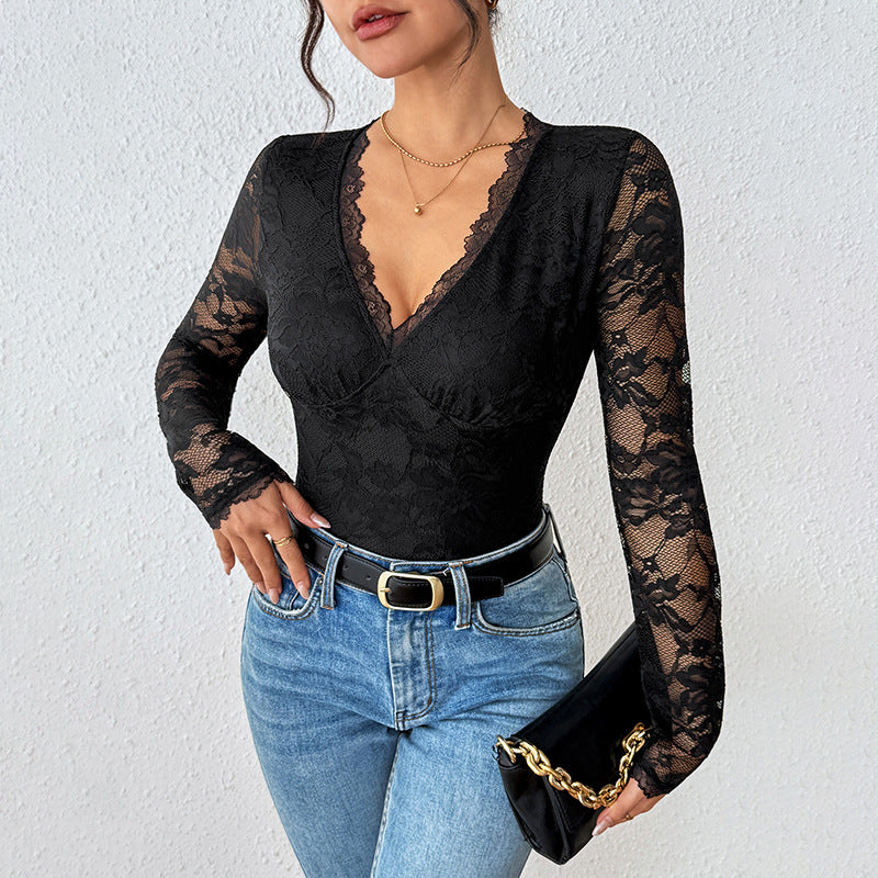 Black Lace V-Neck Bodysuit - Open Back Design