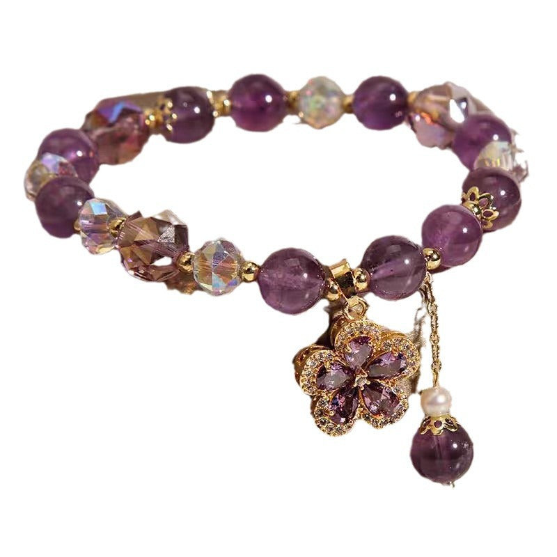 Natural Amethyst Five-Petal Flower Pendant Bracelet - Ancient Style Crystal Jewelry