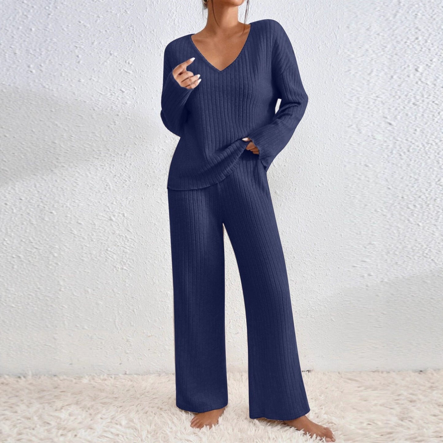 Women's V-Neck Knitted Striped Lounge Set - Long Sleeve