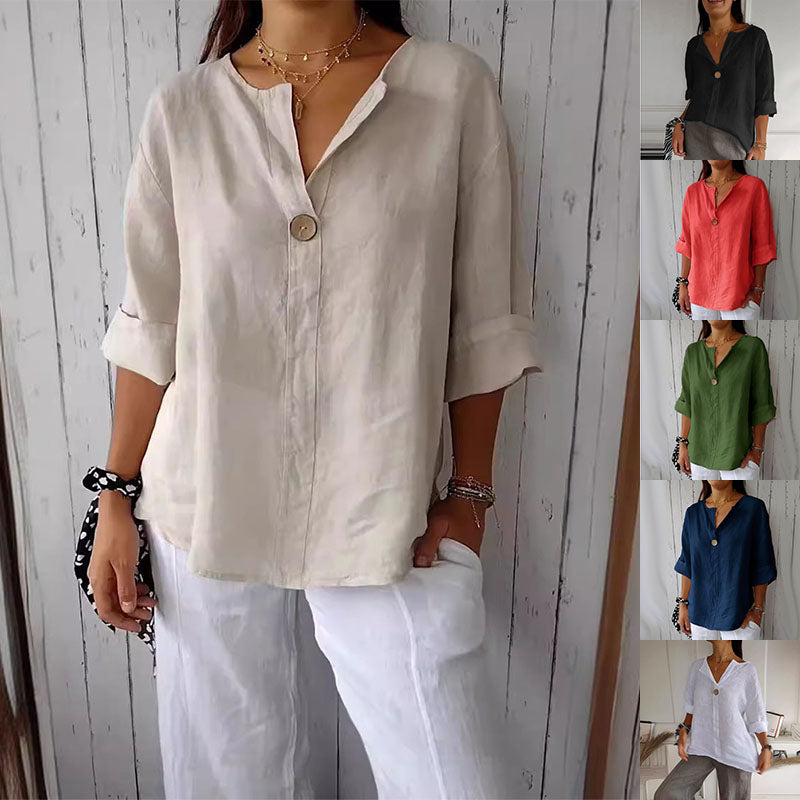 Women's V-Neck Long Sleeve Cotton Linen Button Top