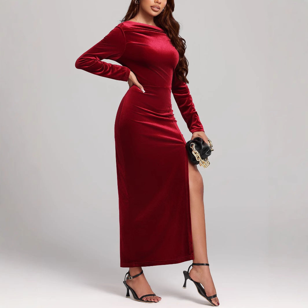 Robe de Soirée Formelle en Velours Fendue