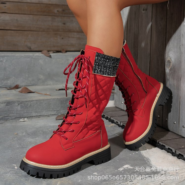 Women's Color-matched lace-up Thick-heeled Martin Boots