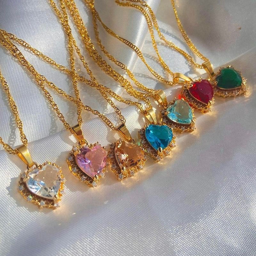 Rainbow Heart Necklace - Gold Rhinestone Clavicle Chain
