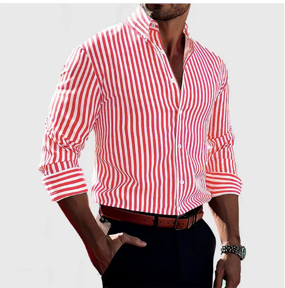 Men's Striped Long Sleeve Lapel Shirt