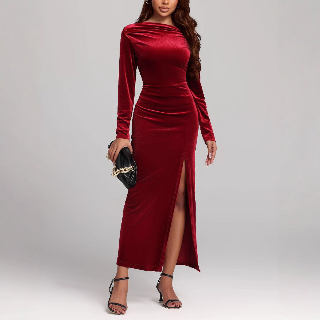 Robe de Soirée Formelle en Velours Fendue