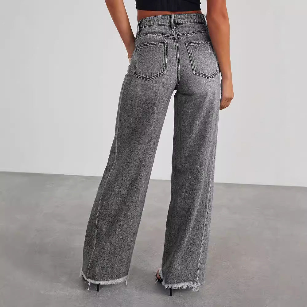 Women's High Waist Straight Wide-Leg Jeans with Pockets