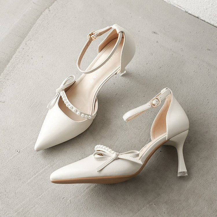 Women's White Pointed-Toe Stiletto Pumps - Elegant French Heel with Versatile Ankle Strap