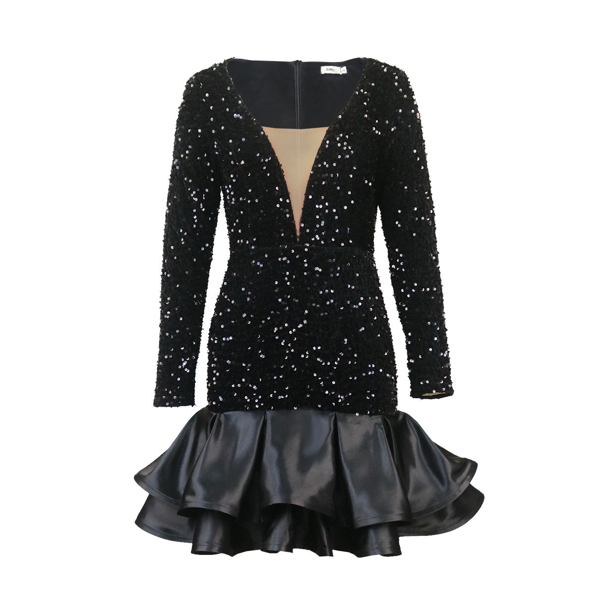 Sequin Deep V-Neck Mini Dress | Black
