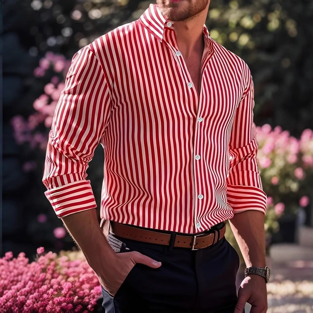 Men's Striped Long Sleeve Lapel Shirt
