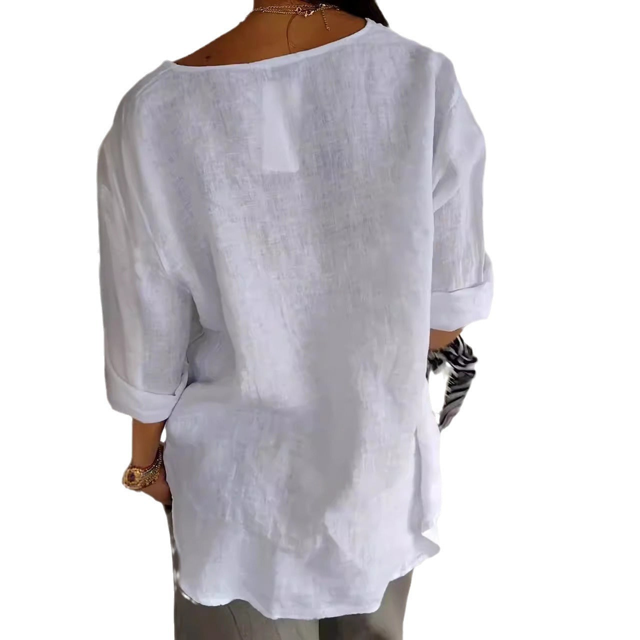 Women's V-Neck Long Sleeve Cotton Linen Button Top