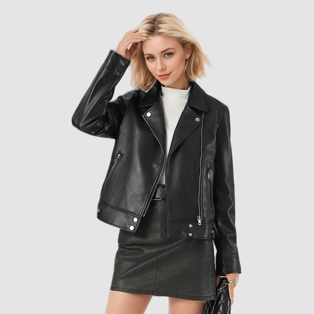 Veste courte en cuir pour femme avec col rabattu