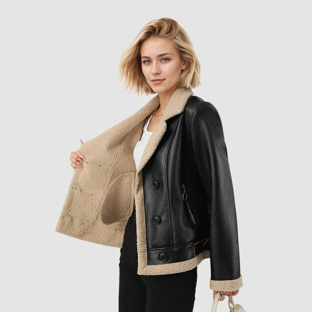 Fleece Padded Women's Leather Coat Black