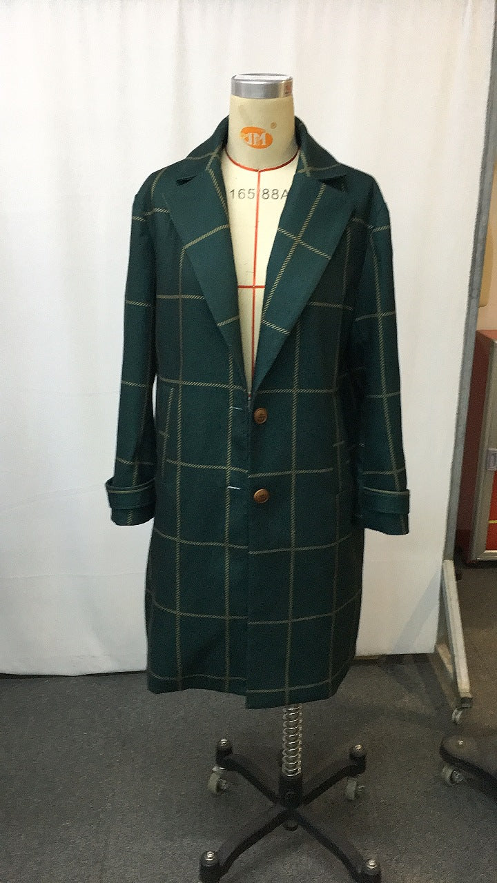 Women's Plaid Mid-Length Lapel Jacket - Plus Size