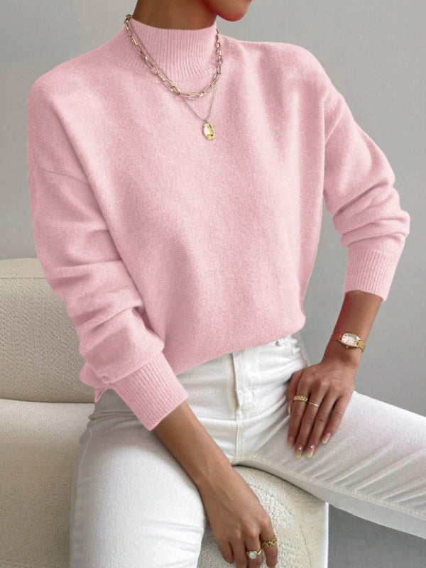 Women's Half-High Collar Knitted Pullover - Solid Color Loose Fit
